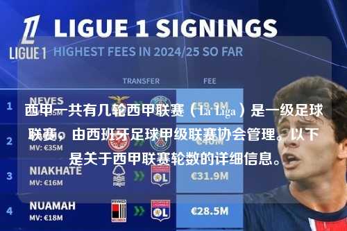 西甲一共有几轮西甲联赛（La Liga）是一级足球联赛，由西班牙足球甲级联赛协会管理。以下是关于西甲联赛轮数的详细信息。第1张-五大联赛直播