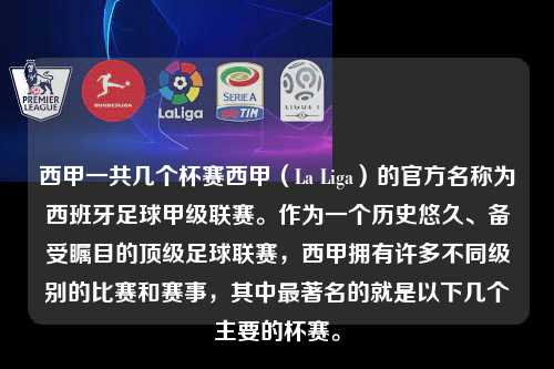 西甲一共几个杯赛西甲（La Liga）的官方名称为西班牙足球甲级联赛。作为一个历史悠久、备受瞩目的顶级足球联赛，西甲拥有许多不同级别的比赛和赛事，其中最著名的就是以下几个主要的杯赛。第1张-五大联赛直播