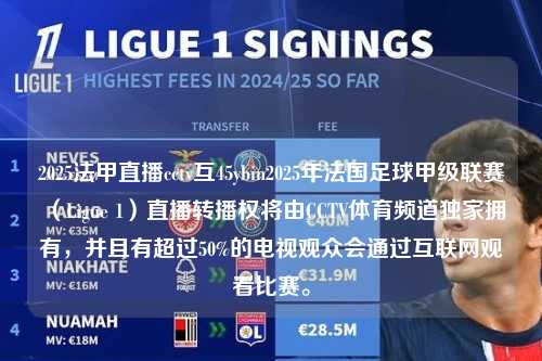 2025法甲直播cctv互45ybin2025年法国足球甲级联赛（Ligue 1）直播转播权将由CCTV体育频道独家拥有，并且有超过50%的电视观众会通过互联网观看比赛。第1张-五大联赛直播